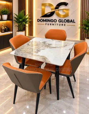 4-Seater Square Marbletop Dining Set With Orange & Gray Leather Chairs