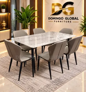 6-Seater Rectangular Dining Table Set With Grey Marble-Finish Tabletop