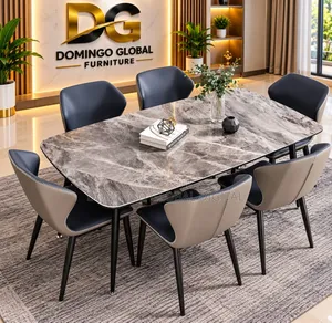6-Seater Luxury Marble-Top Dining Set With Faux-Leather Chairs