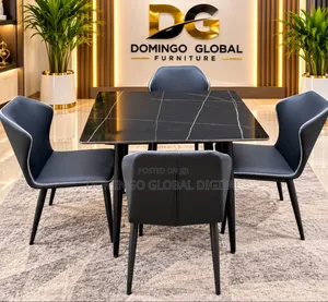 4-Seater Square Marble-Top Dining Set With Black Leatherette Chairs