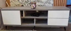Modern TV Stand With Drawers and Shelves, Grey and White (Neatly Used)