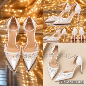 White Bridal Pearl Beaded Ankle Strap Stiletto Heel Size 37-42