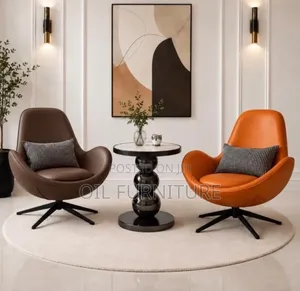 Imported Modern Leather Swivel Armchair Set With Marble Side Table