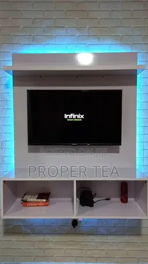 Modern White Floating TV Console With Open Cupboard and Shelf
