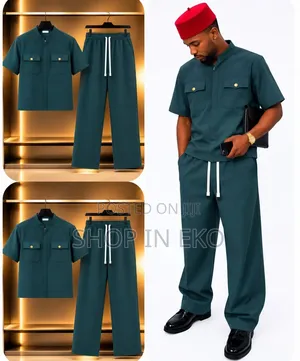 Men's 2-Piece Safari Pocket Collar Short-Sleeve Top & Trousers Set