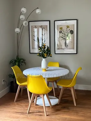 Modern Round Dining Table Set With 4 Yellow Chairs