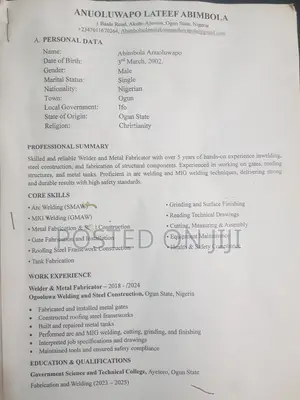 Argon Welding Trainee in Alaba