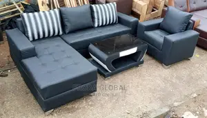 Set of L-Shape Sofa With Single Chair, Table. Leather Couch. Lif8