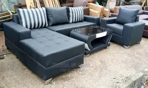 Set of L-Shape Sofa With Single Chair, Table. Leather Couch. Lif8