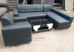 L-Shaped Sofa With a Single Chair and Table - Leather Couch