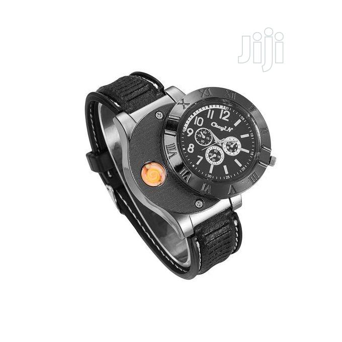 Men's Black Leather Light Wrist Watch