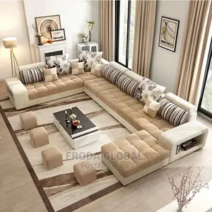 U-Shaped Sofa Chair With Table and Side Stools. Fabric Couch