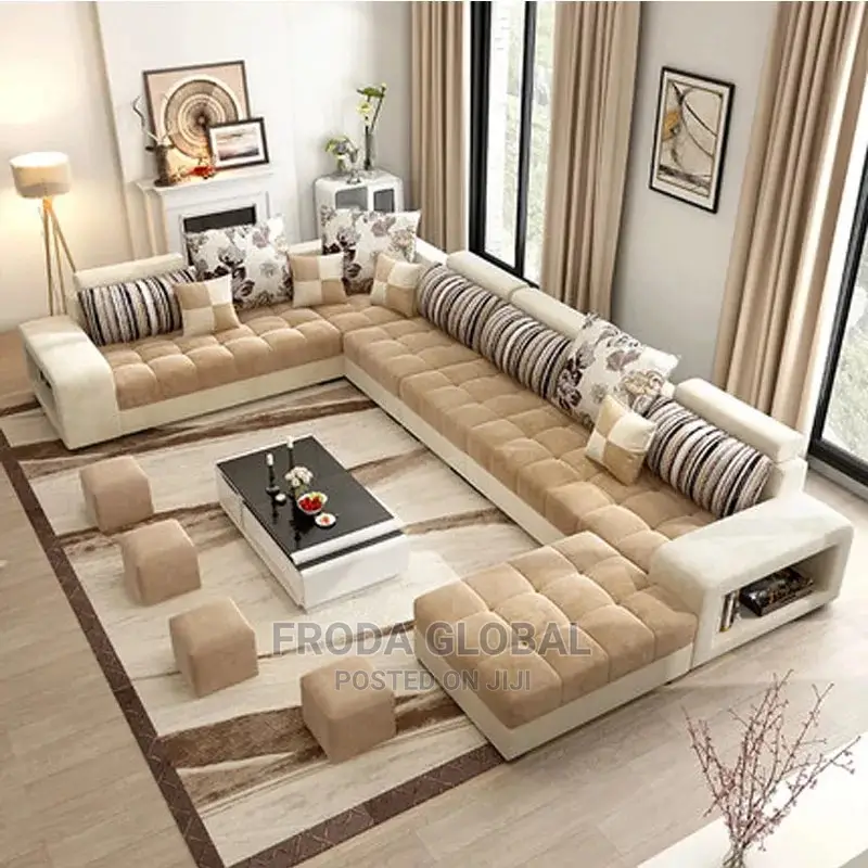 U-Shaped Sofa Chair With Table and Side Stools. Fabric Couch