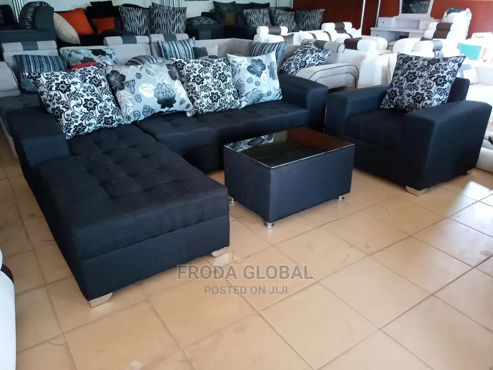 L-Shape Sofa With Single Chair Plus Table. Fabric Couch