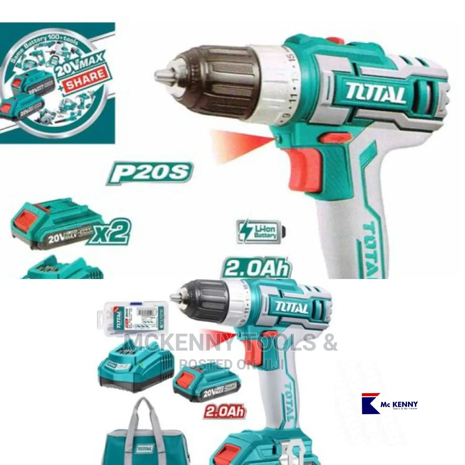 TOTAL Cordless Drill 20v With Two Batteries Fast Charger