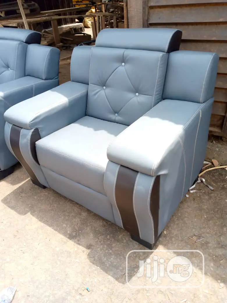 Executive 7 Seater Living Room Leather Made Grey Sofa Chair.