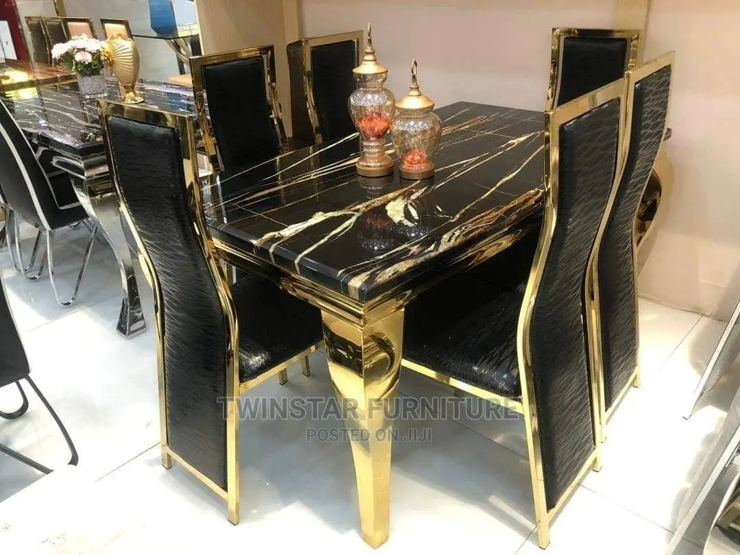 Marble Top Golden Frame Dinning Table and Chairs