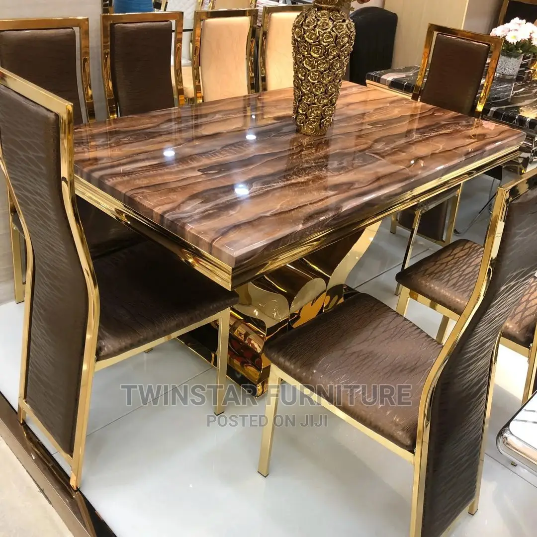 Marble Top Golden Frame Dinning Table and Chairs