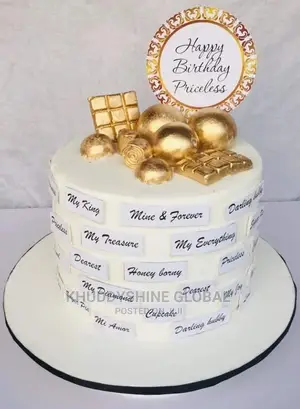 Scripted White and Gold Birthday Cake