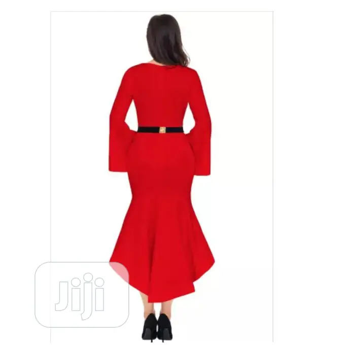 Sleeve Dip Hem Belted Red Bell Dress