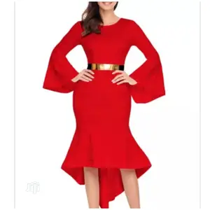 Hem Belted Dip Bell Red Sleeve Dress