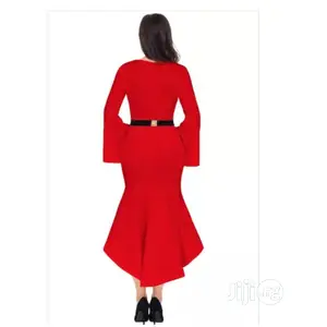 Sleeve Dip Hem Red Bell Belted Dress