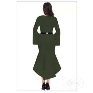 Emfed Olive Green Bell Sleeve Dip Hem Belted Dress