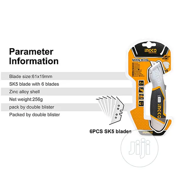 Ingco Retractable Utility Knife - 5 Extra Blades