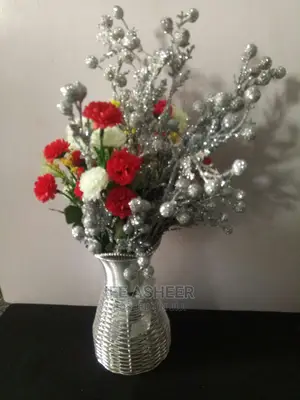 Table/Shelf Wooden Silver Vase With Exotic Flowers - Silver