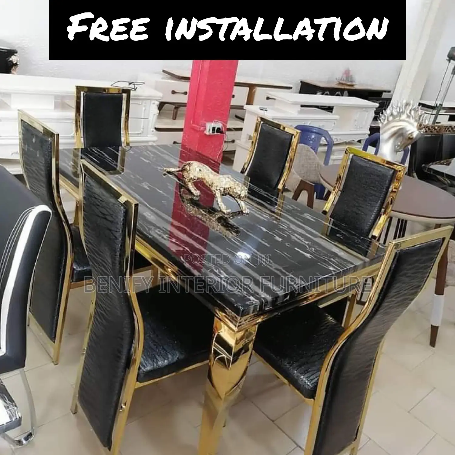 Marble Top Black/Gold Dining Set for 6