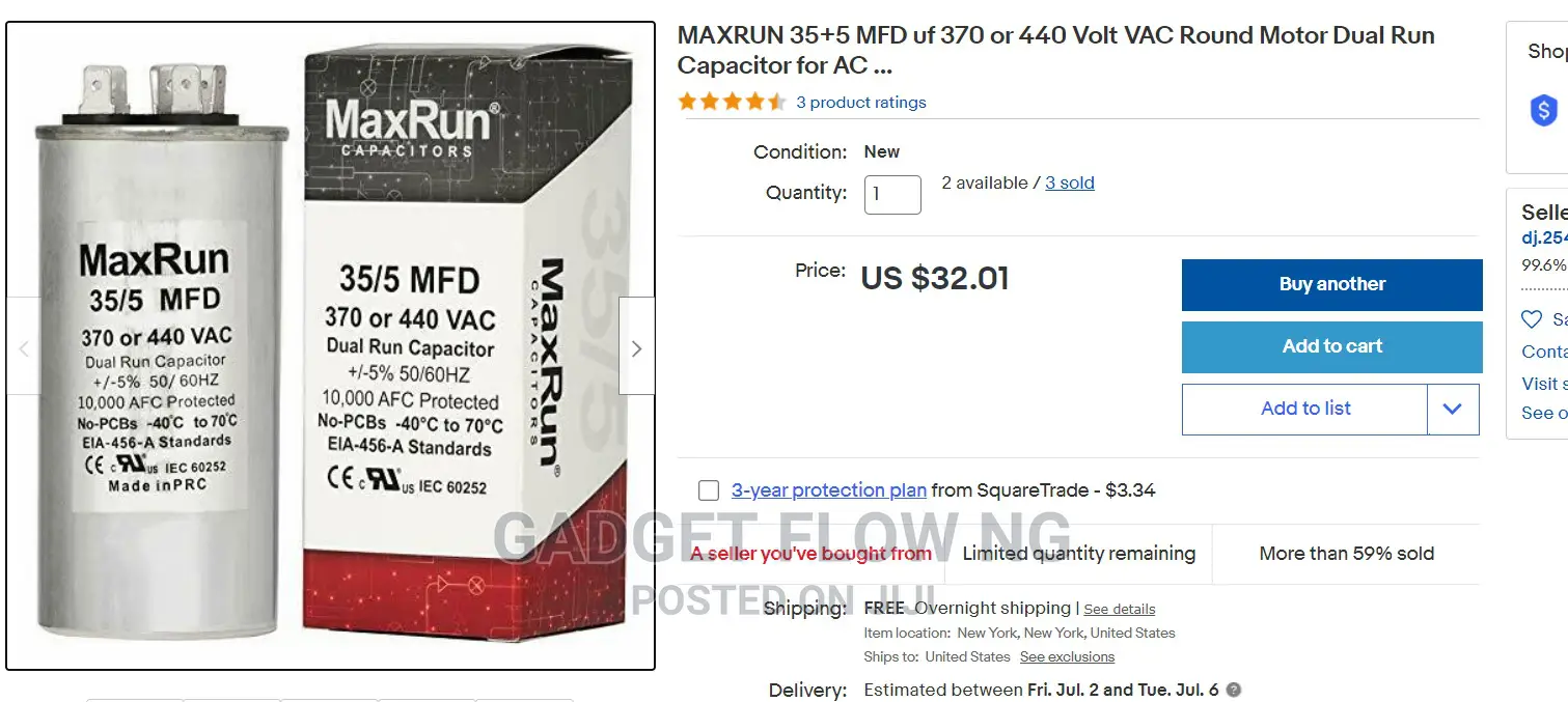 MAXRUN 35+5 MFD Uf 370 or 440 Volt VAC