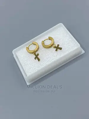 Men's Cross Drop Down Gold Earrings