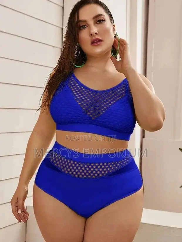 Plus Contrast Fishnet High Waisted Bikini Swimsuit in Port