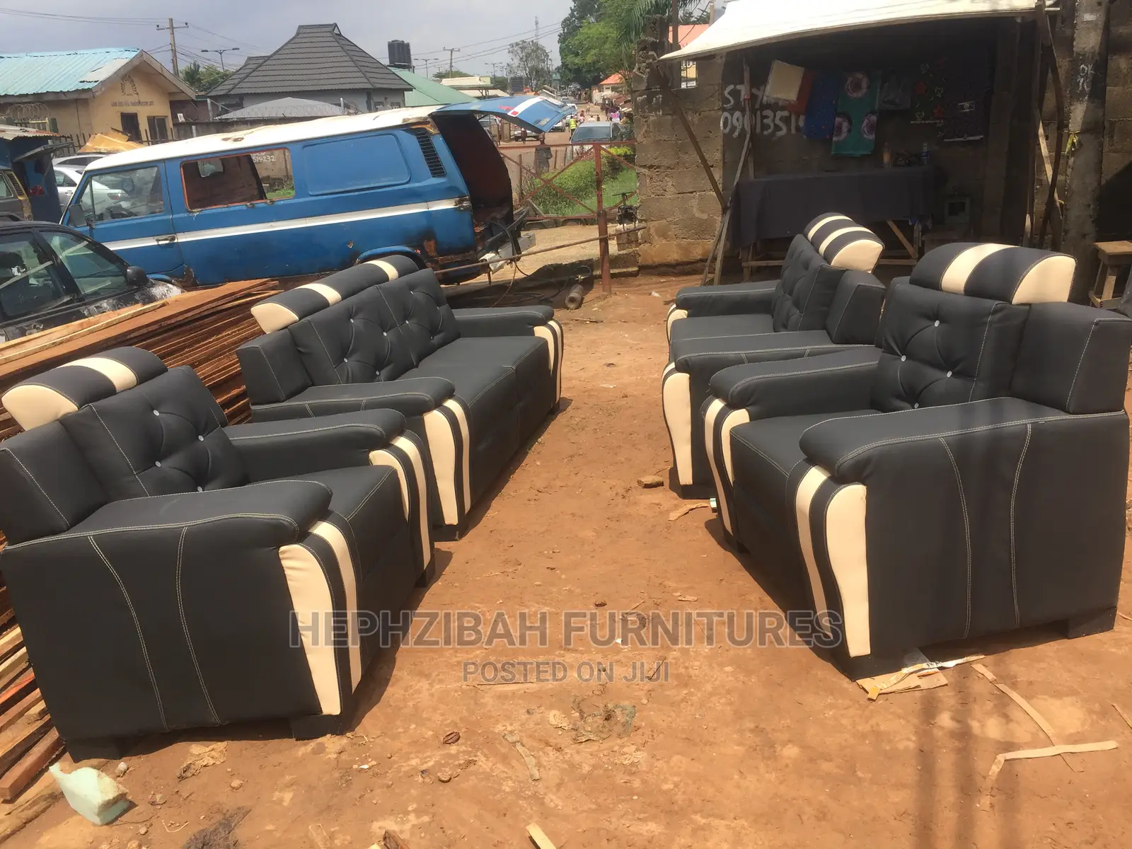 7 Seater Black Leather Sofa With Cream