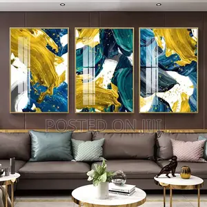Yellow Golden Foil Blue Abstract Wall Art
