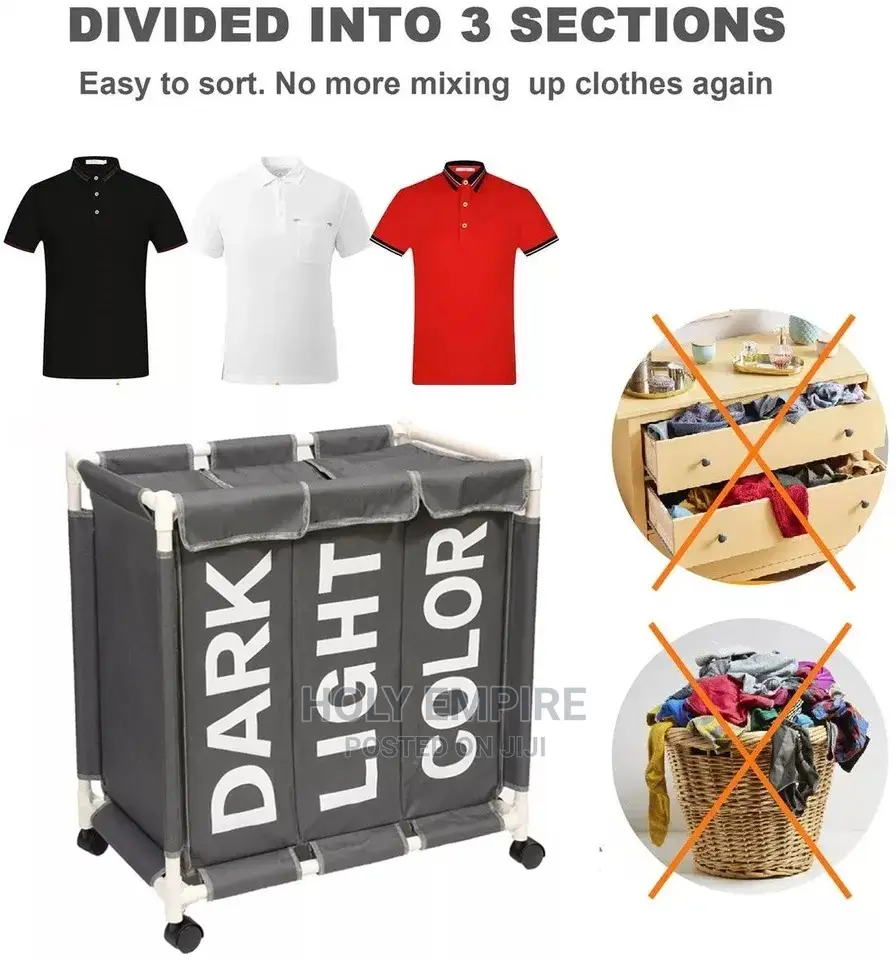 Folding Dirty Laundry Basket 3 Compartments Clothes Organize