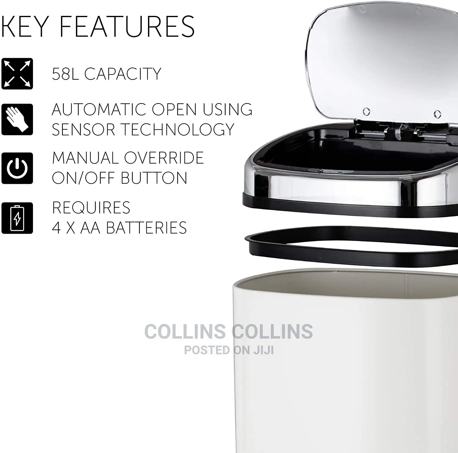 Tower T80903 Square Sensor Bin With , 58 Litre