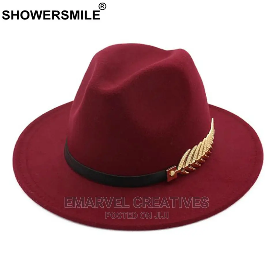 Burgundy Fedora Hat Winter Female Wool Felt Hat Leaf
