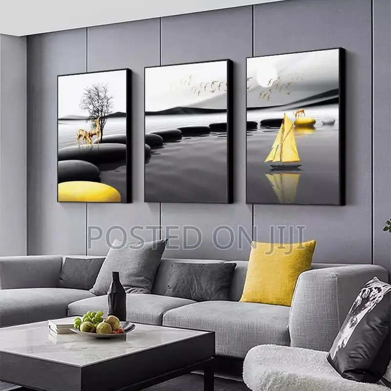 Black Yellow Stone Boat Deer Wall Art