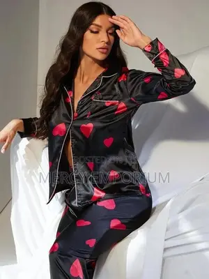 Heart Print Button Front Top Trousers Night Set
