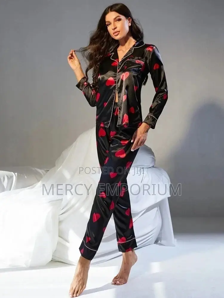 Heart Print Button Front Top Trousers Night Set