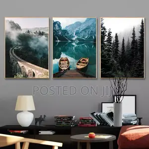 Misty Forest Lake Boat Geometric Abstract Nature Art