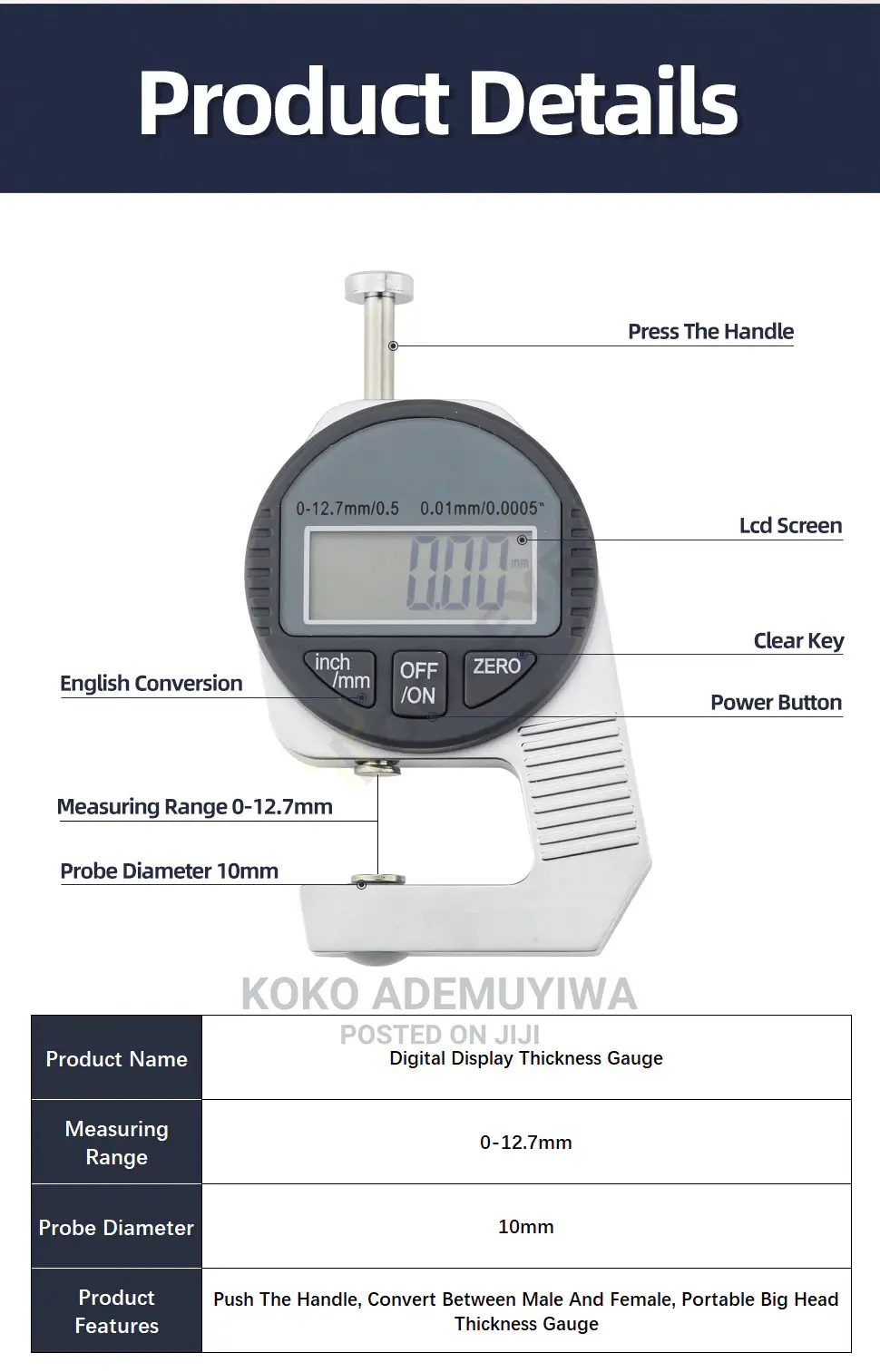 Electronic Digital (LCD) Thickness Gauge Micrometer 0.01mm