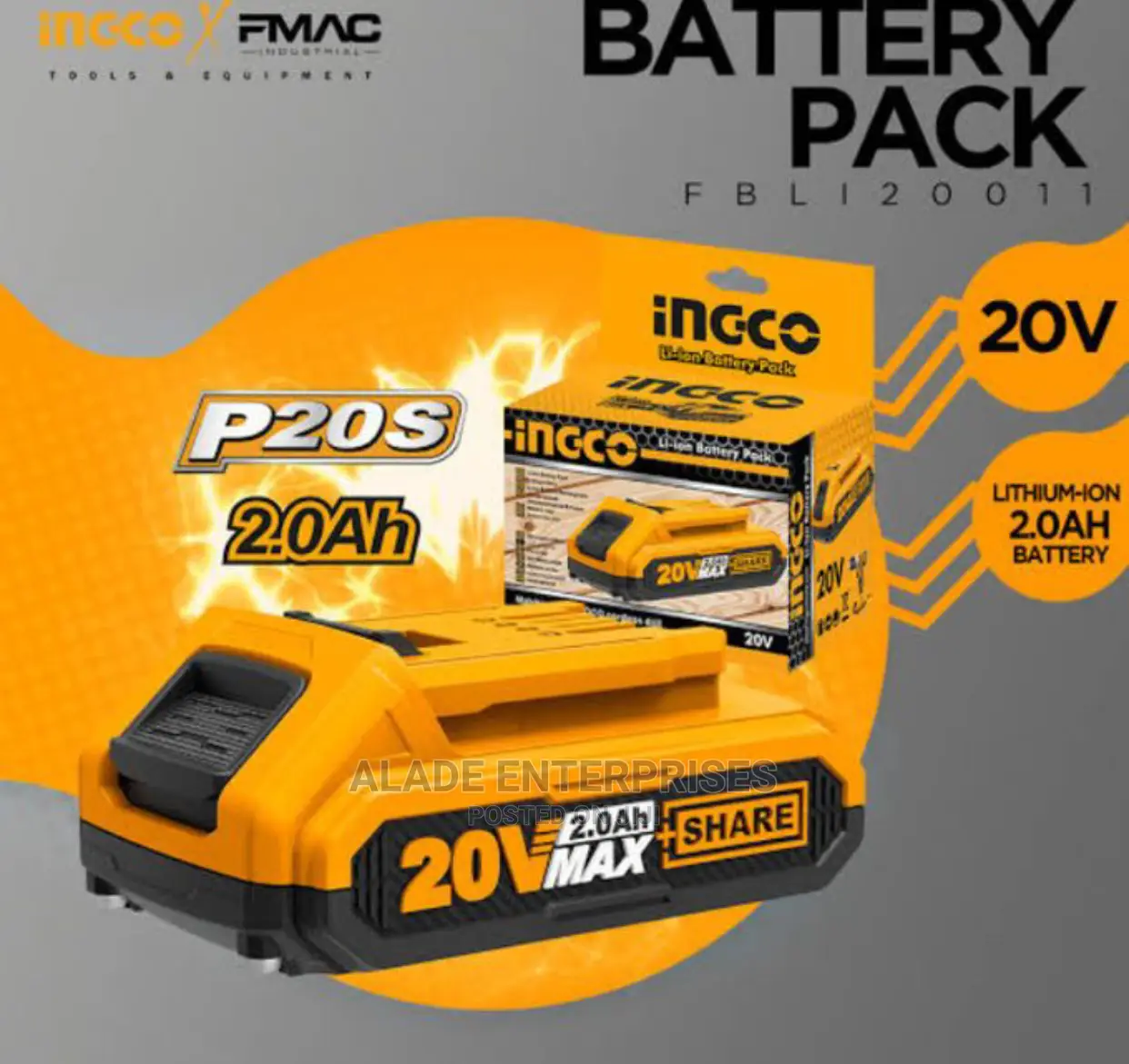 Ingco Lithium-ion Battery Pack 20v 2.0ah