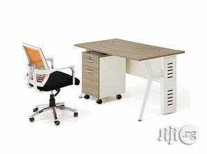 Oak Office Table With Metal Legs And Mobile Drawer.