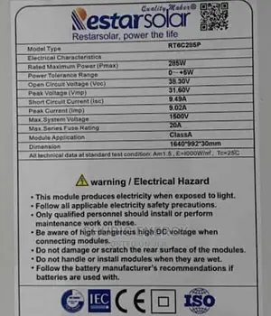 Rester 285watt Mono Panel