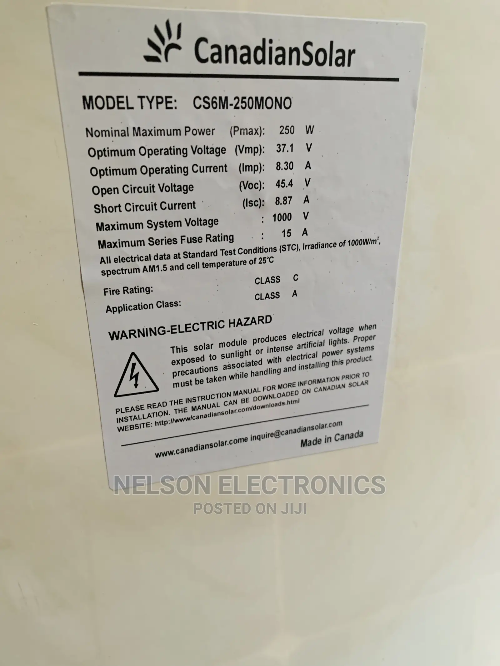 Canadian Solar Panel 250watt Black Face