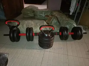 Photo - 4 in 1 50kg Barbell, Dumbbell, Kettle Bell and Push Up Set