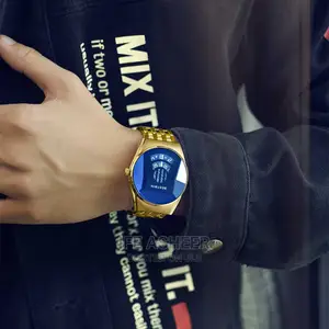 Bestwin Men's Round Face Led Blue Face Wristwatch - Gold