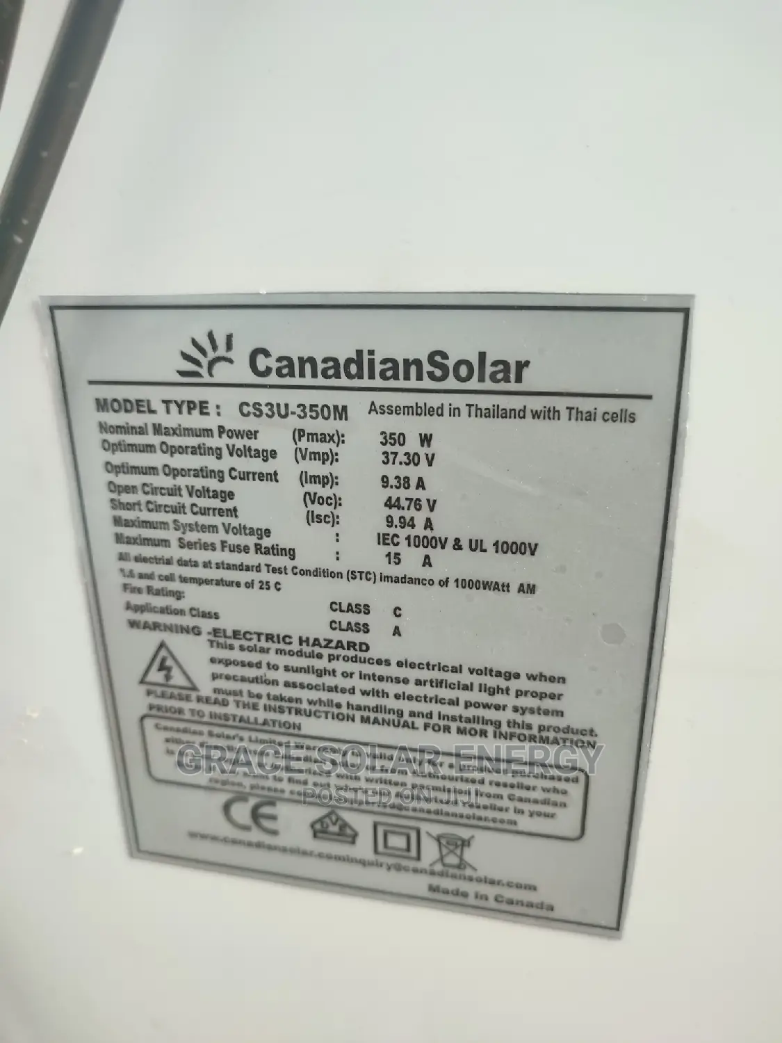 350w Canadian High Voltage Glass Panel